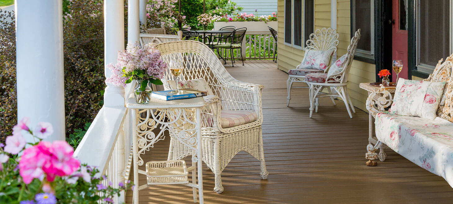 Front porch seating area at our Maine bed and breakfast