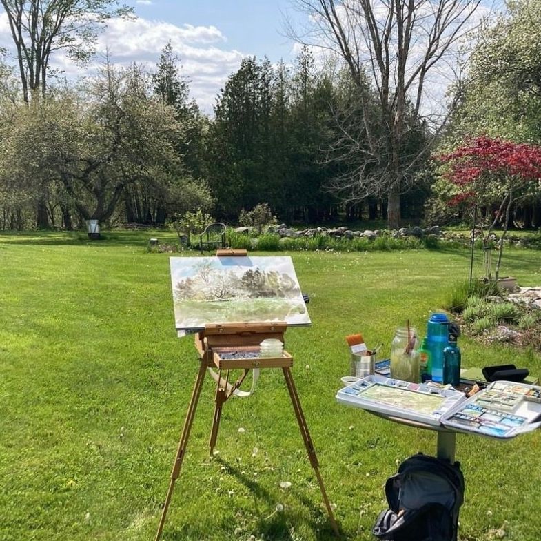 Artists' easel outside in Maine